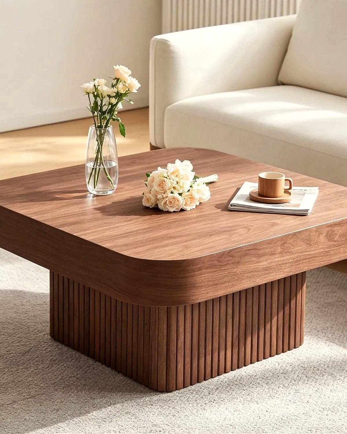 El vierkante salontafel lamellenvoet walnoot – in het interieur – Walnoot
