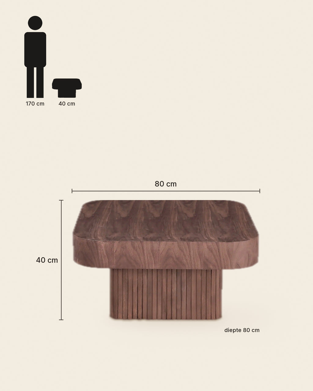 El vierkante salontafel lamellenvoet walnoot – maten – Walnoot
