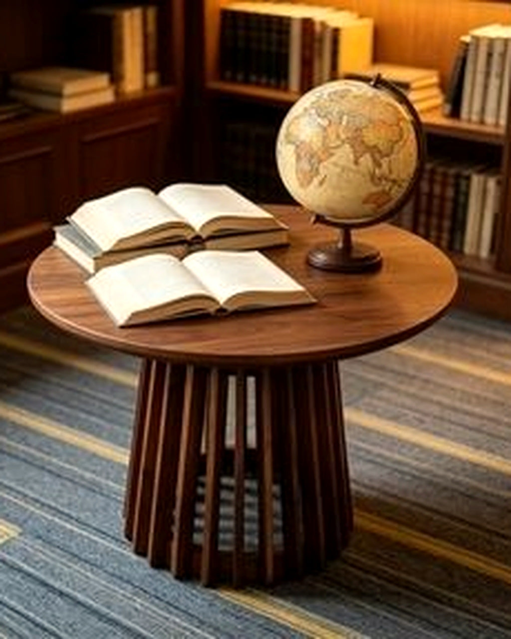 El ronde bijzettafel spijlenvoet walnoot – in de woonkamer – Walnoot