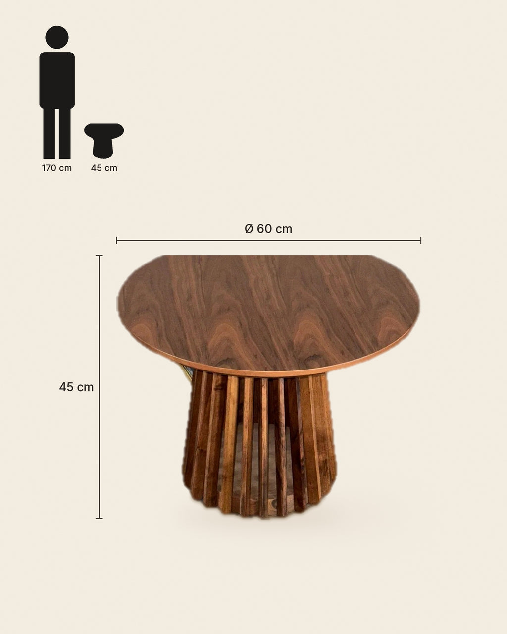 El ronde bijzettafel spijlenvoet walnoot – maten – Walnoot