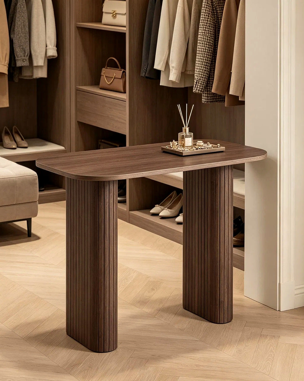 Voet consoletafel lamellenpoten walnoot – in het interieur – Walnoot