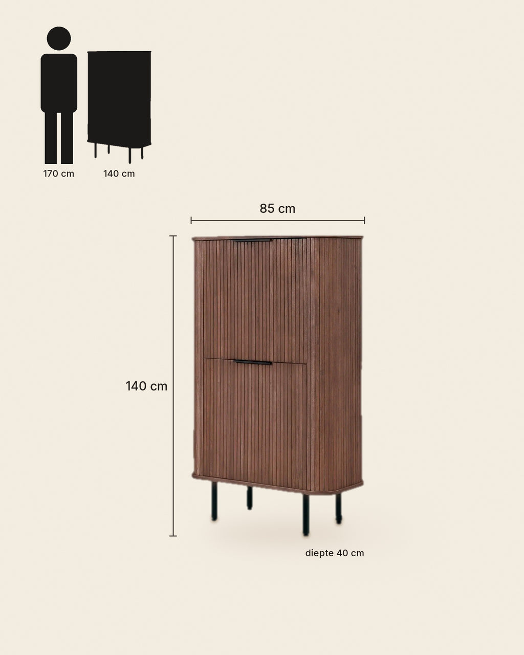Mud hoge kast lamellen walnoot – maten – Walnoot