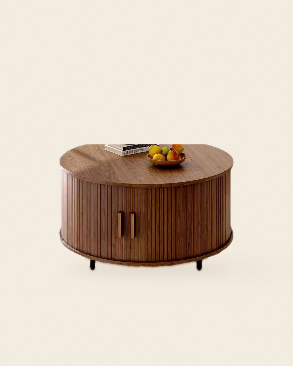 El ronde salontafel met deurtjes walnoot – vooraanzicht – Walnoot