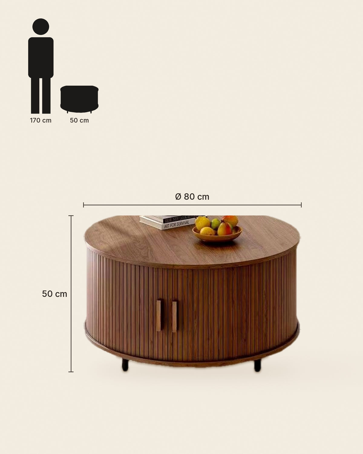 El ronde salontafel met deurtjes walnoot – maten – Walnoot