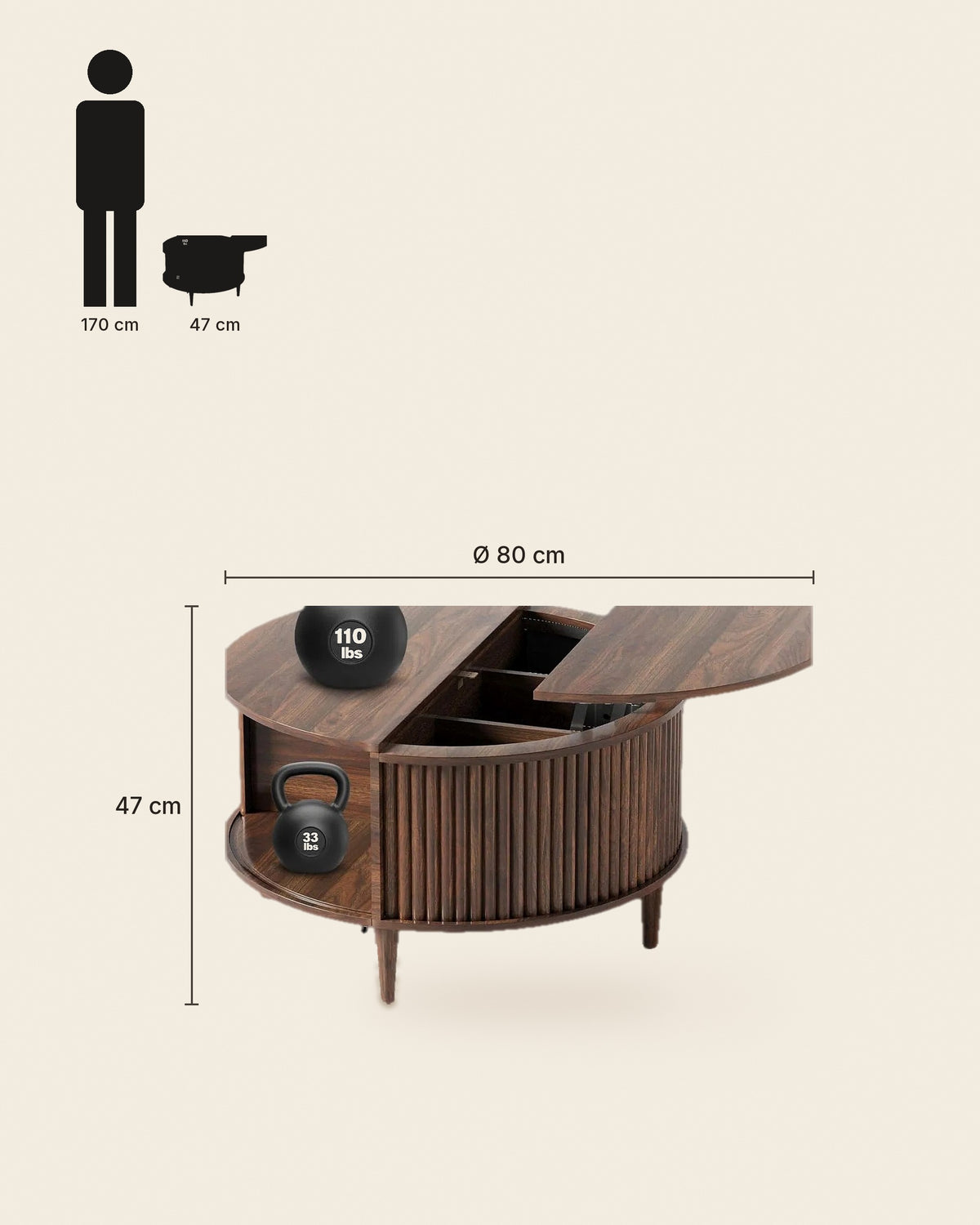 El ronde lift-top salontafel walnoot – maten – Walnoot