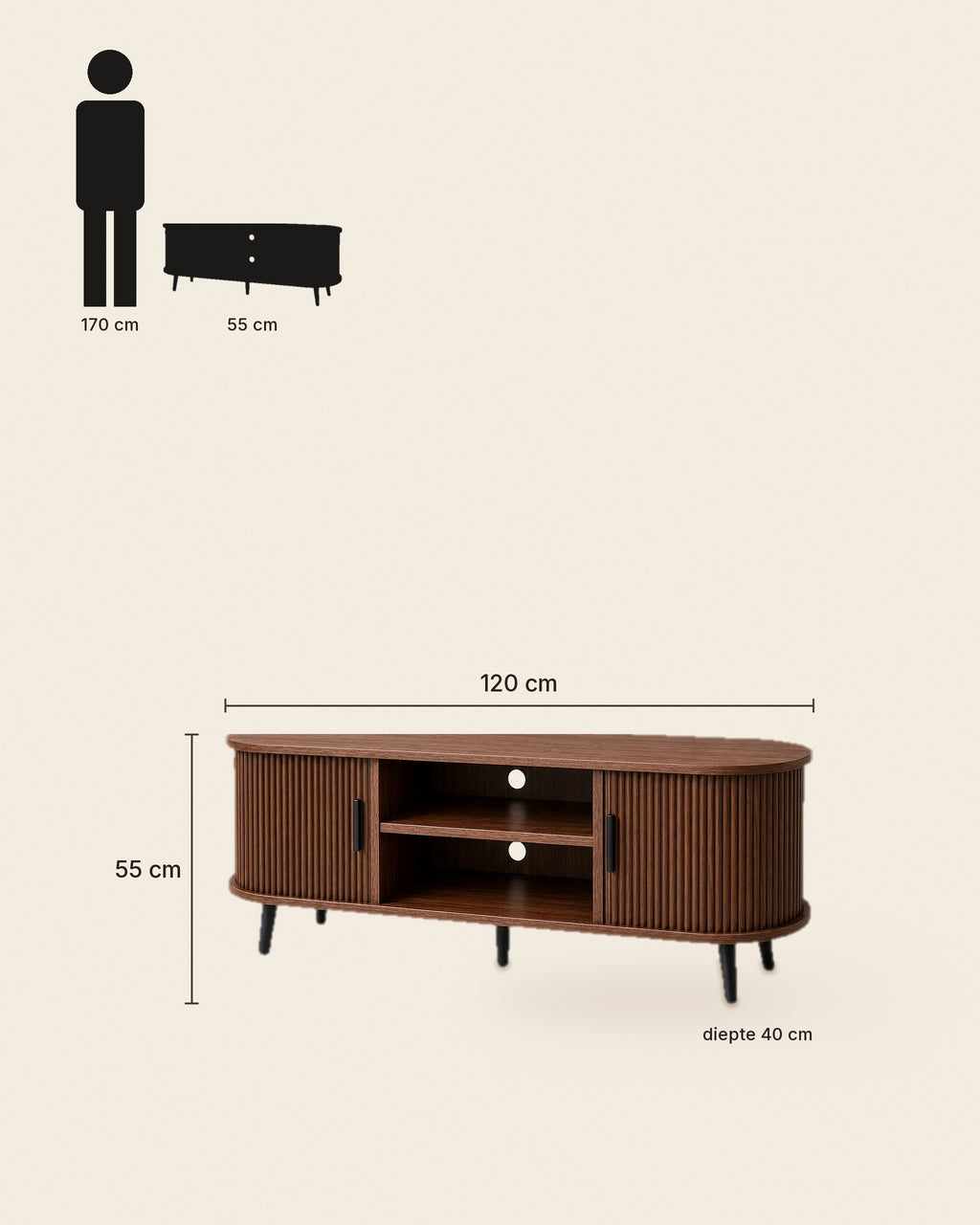 El tv-meubel lamellen afgerond walnoot – maten – Walnoot