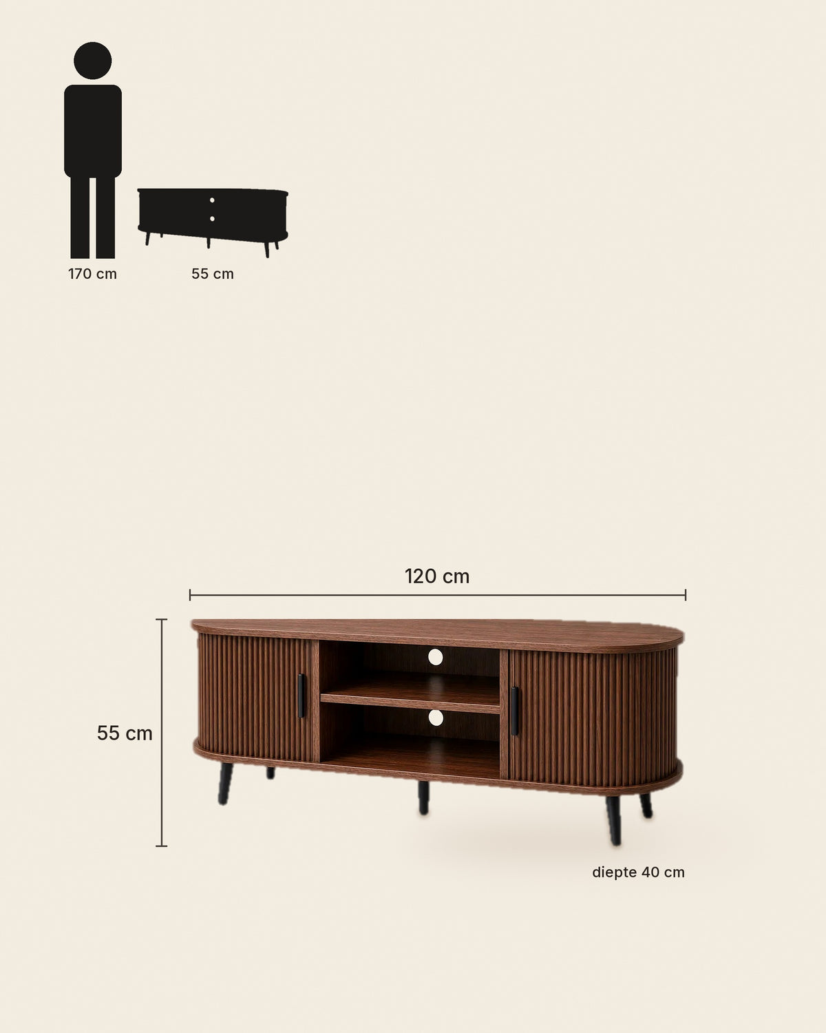 El tv-meubel lamellen afgerond walnoot – maten – Walnoot