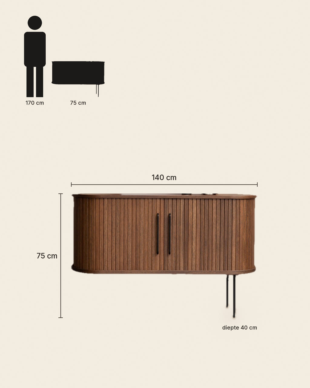 El dressoir lamellen afgerond walnoot – maten – Walnoot