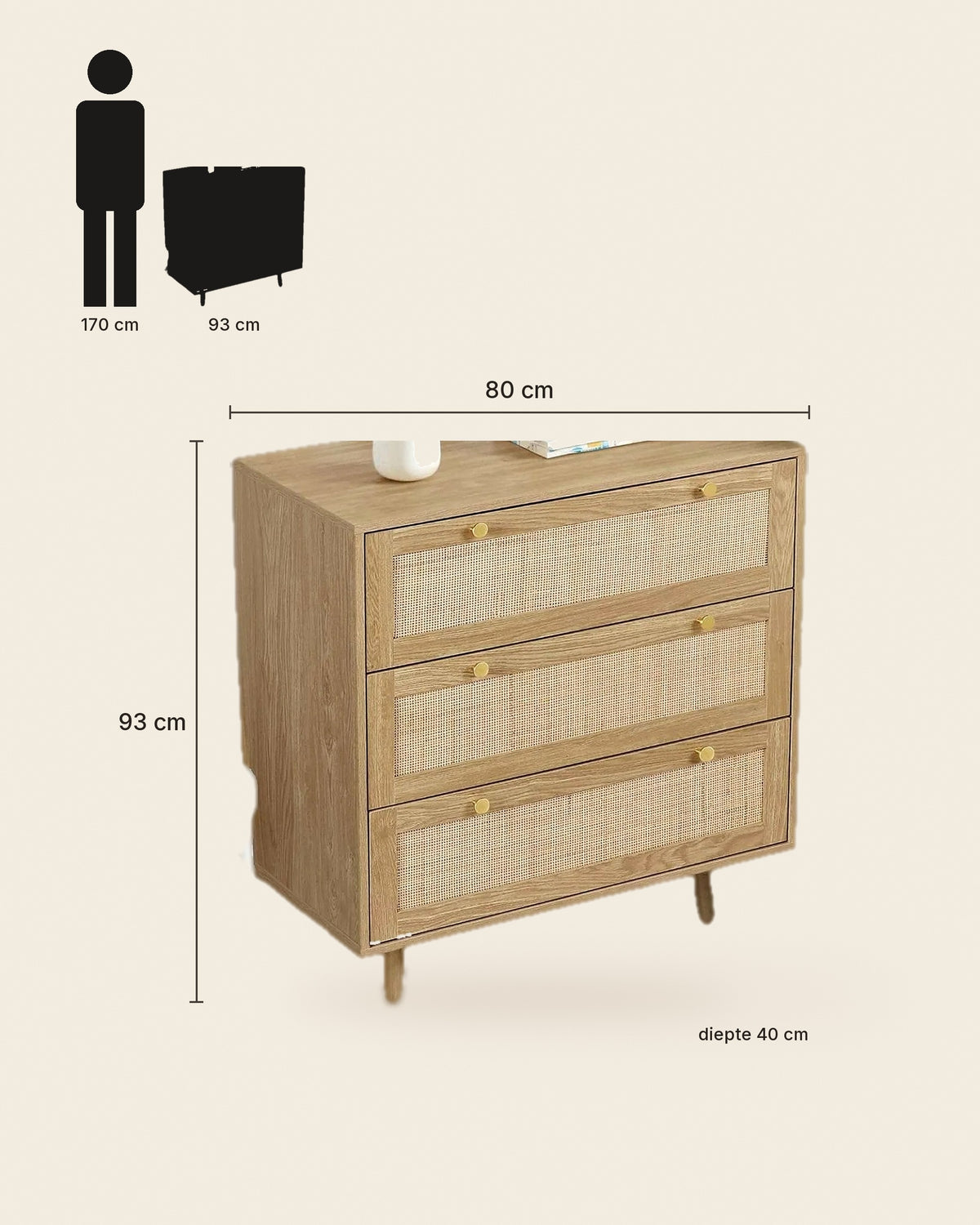 Span ladekast rotan 3 lades – maten – Naturel