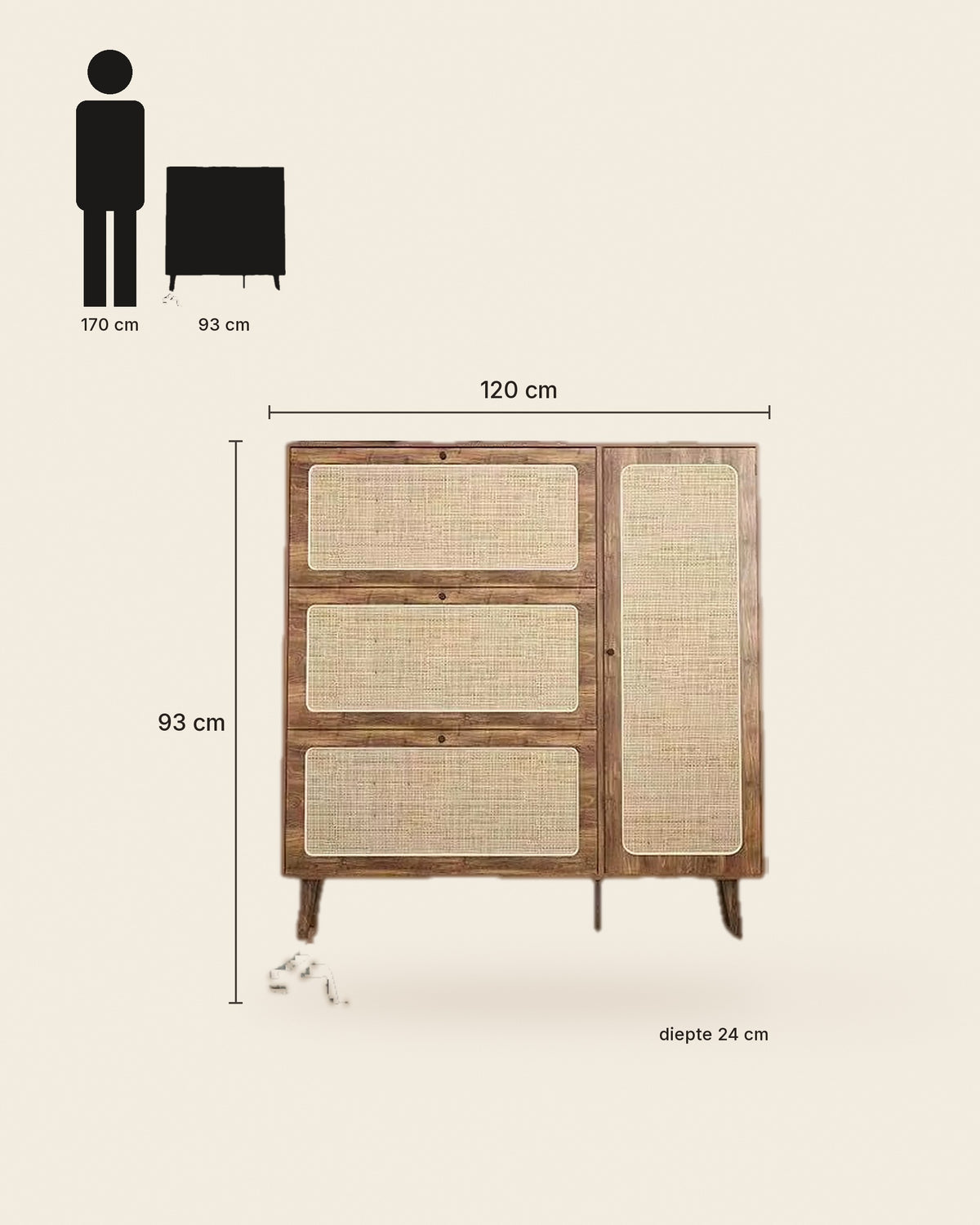 Span hoge kast rotan met kleppen – maten – Naturel