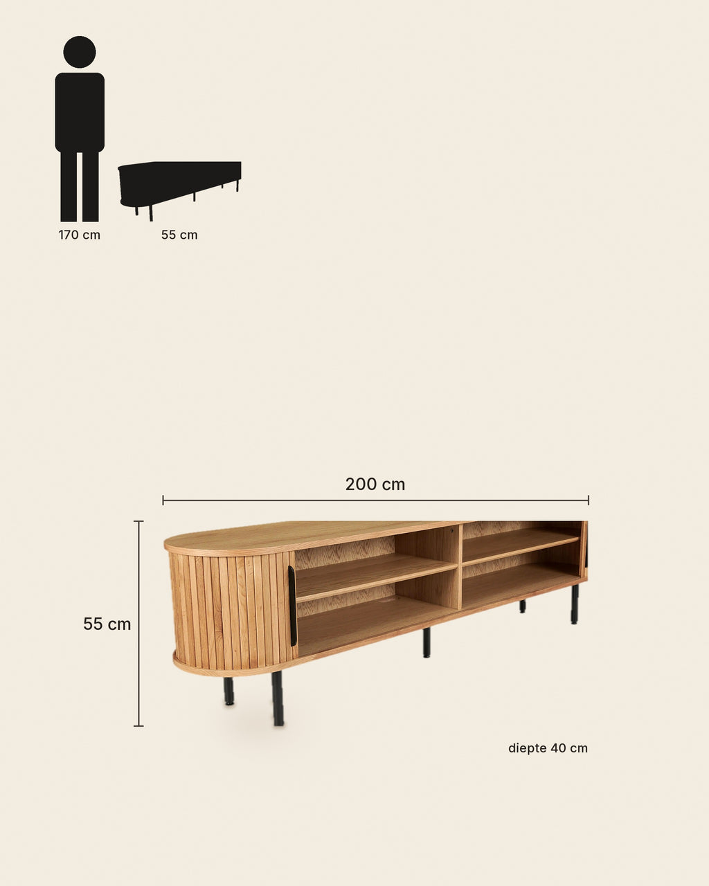 El laag tv-meubel lamellen 200 cm – maten – Licht eiken
