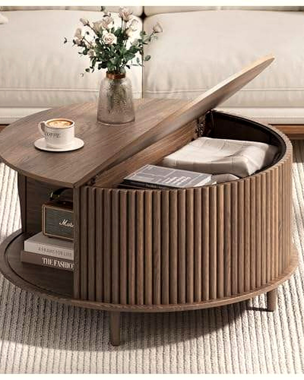 El ronde salontafel klepblad lamellen walnoot – in het interieur – Walnoot