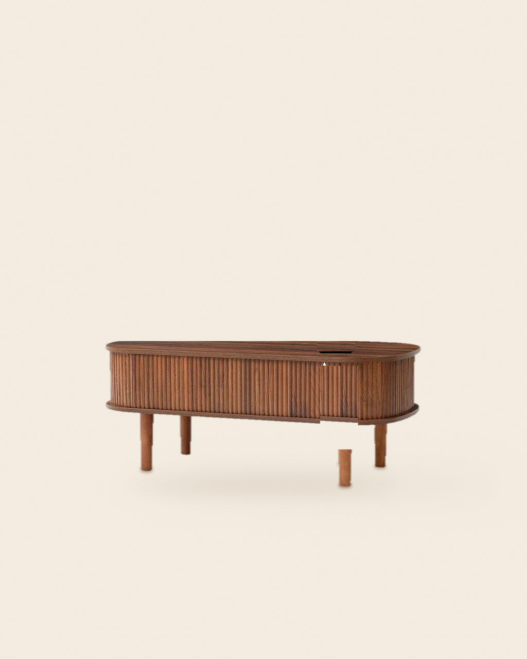 El ovale lift-top salontafel lamellen walnoot – vooraanzicht – Walnoot