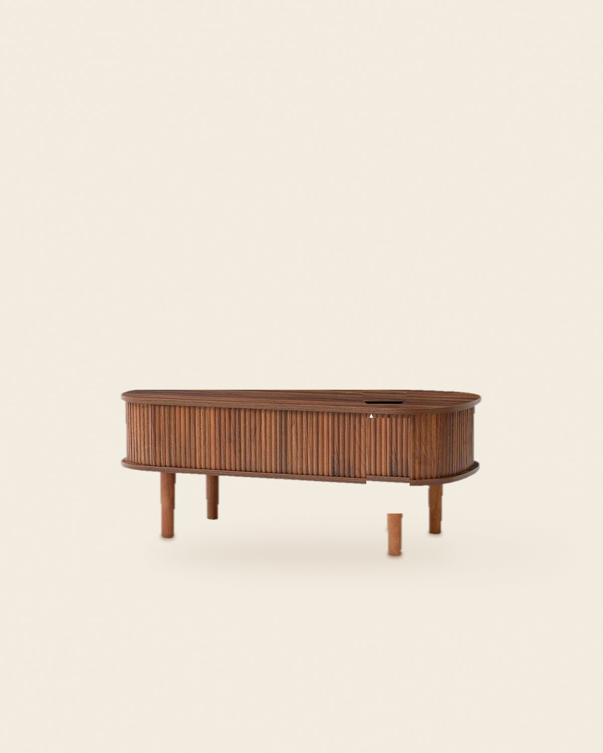 El ovale lift-top salontafel lamellen walnoot – vooraanzicht – Walnoot