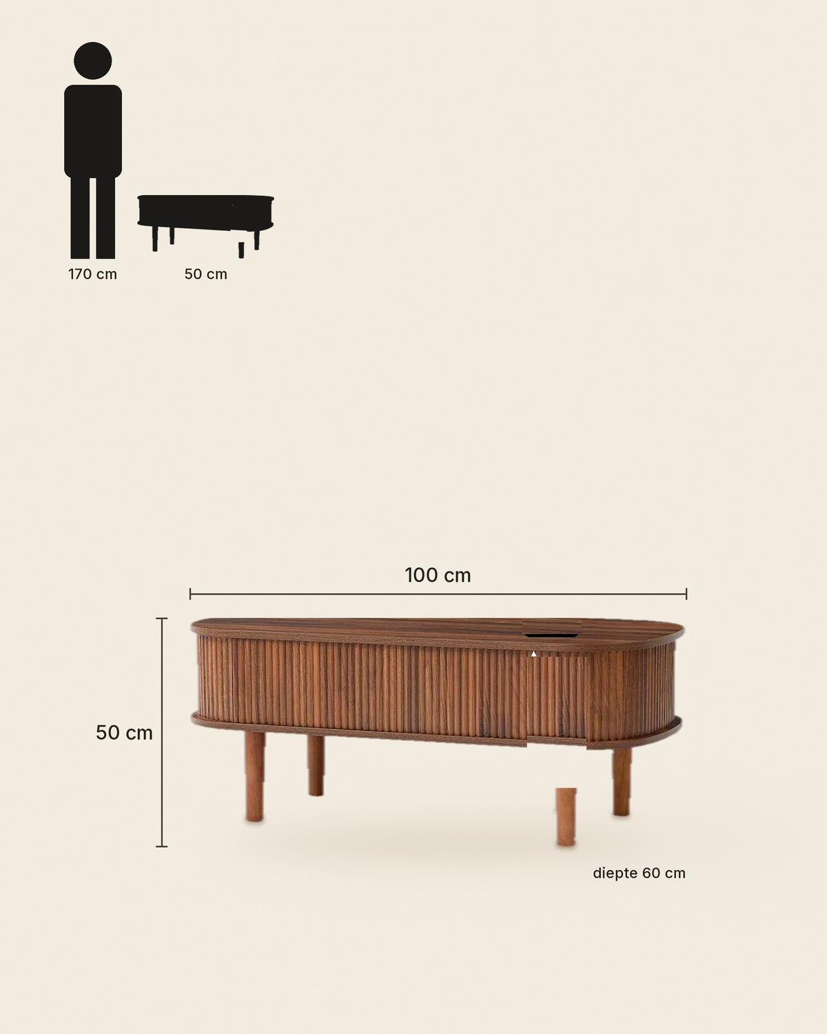 El ovale lift-top salontafel lamellen walnoot – maten – Walnoot