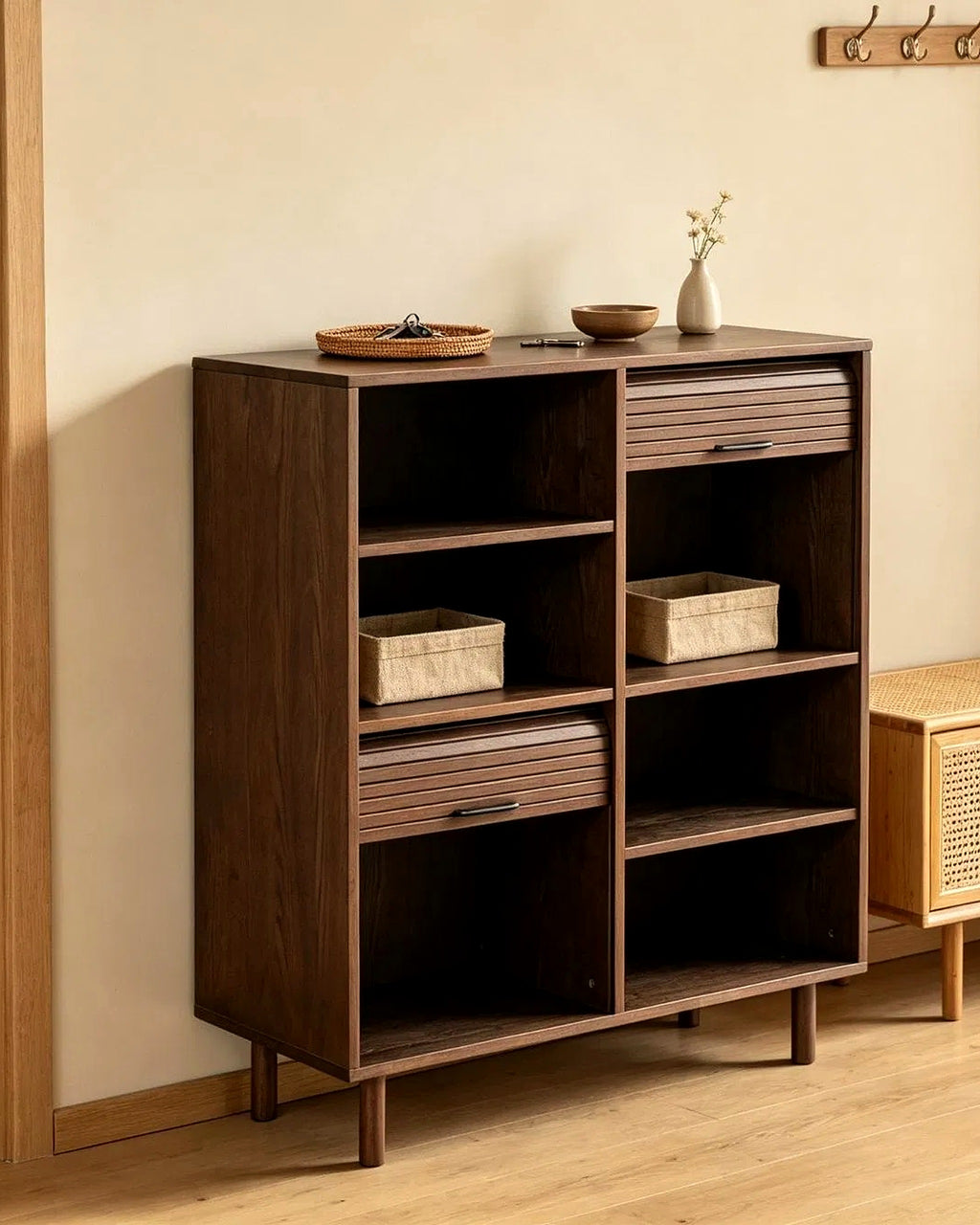 Mud open boekenkast walnoot met lades – in de woonkamer – Walnoot