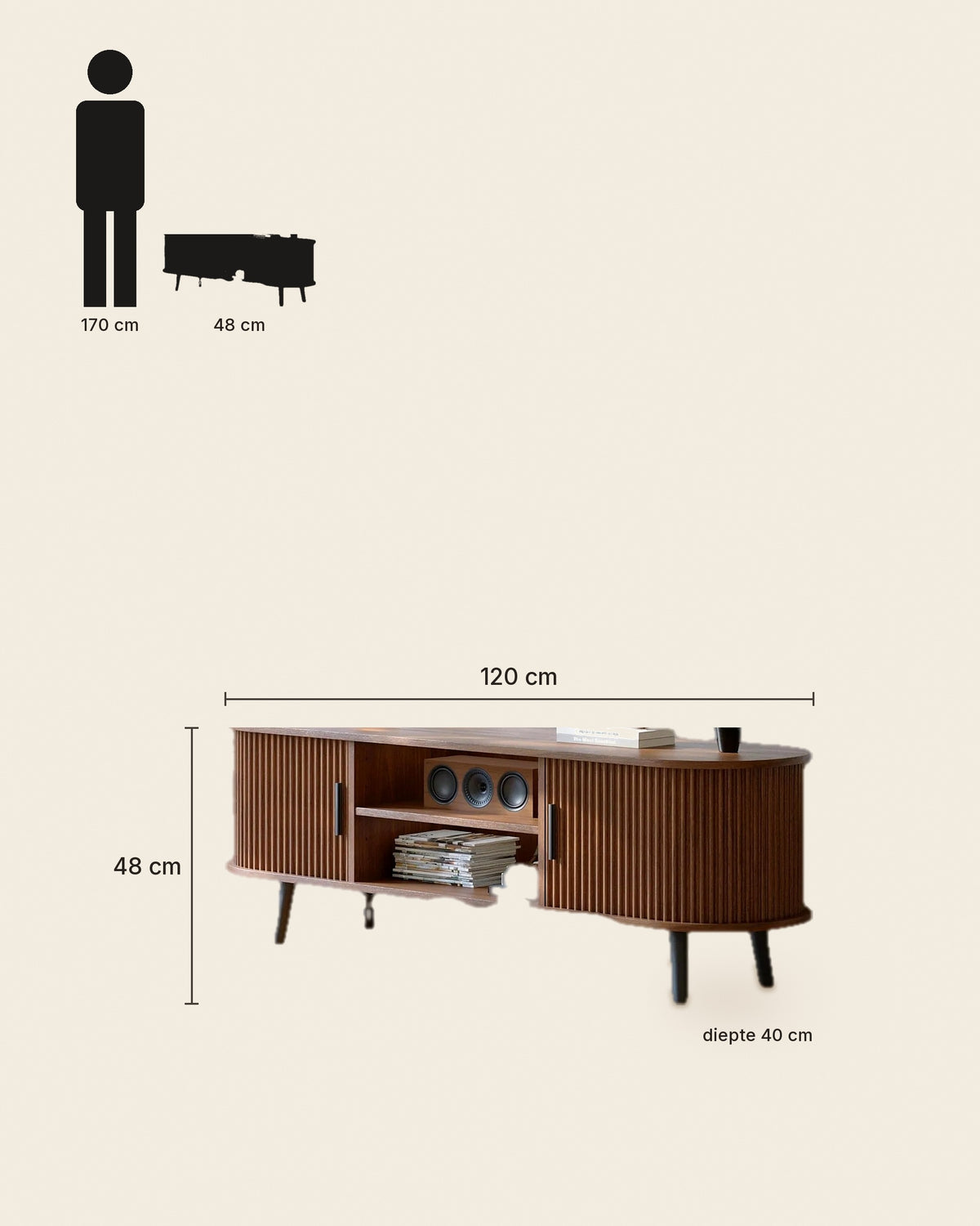 El tv-meubel lamellen walnoot 120 cm – maten – Walnoot