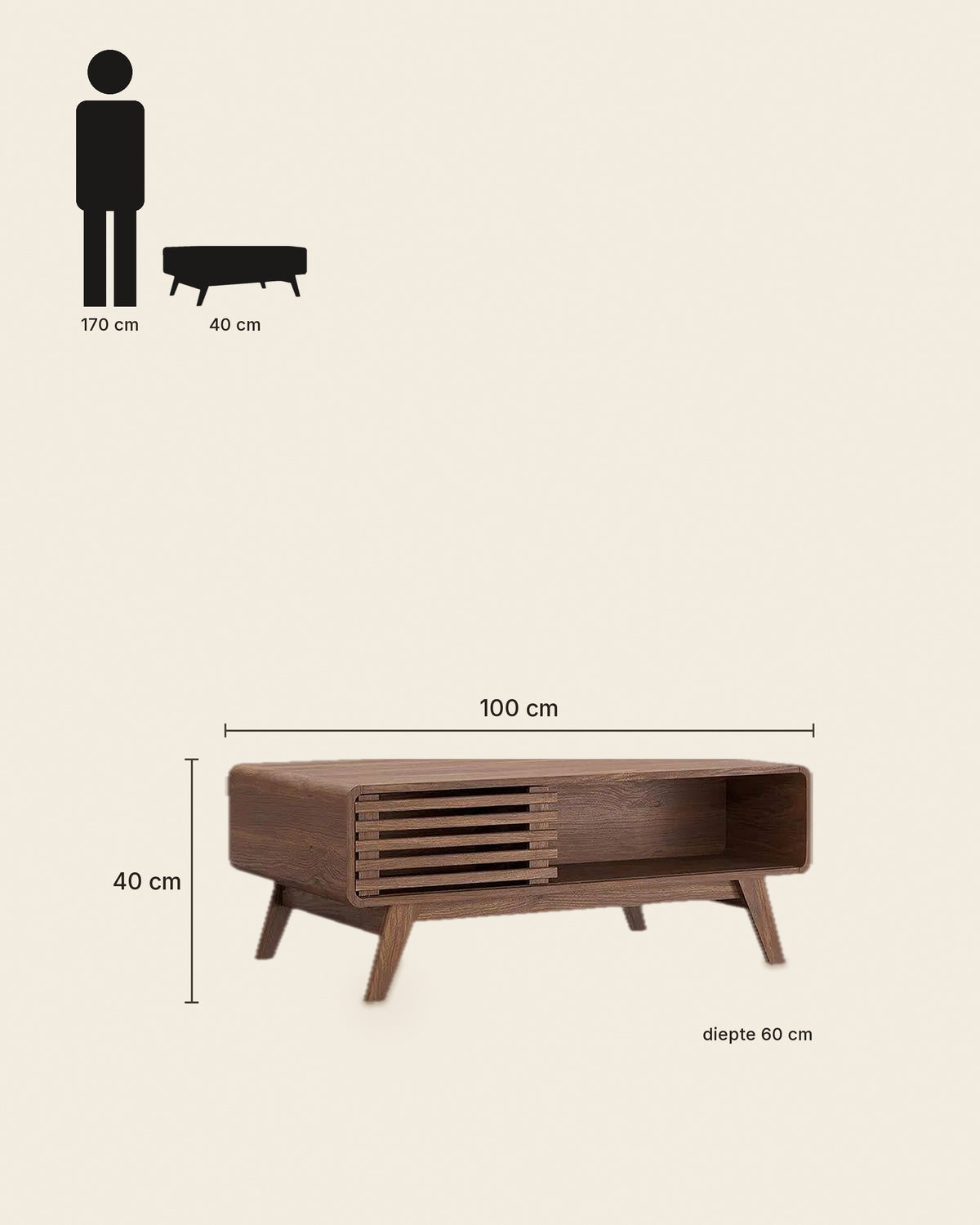 El salontafel lamellen met schuifdeur walnoot – maten – Walnoot