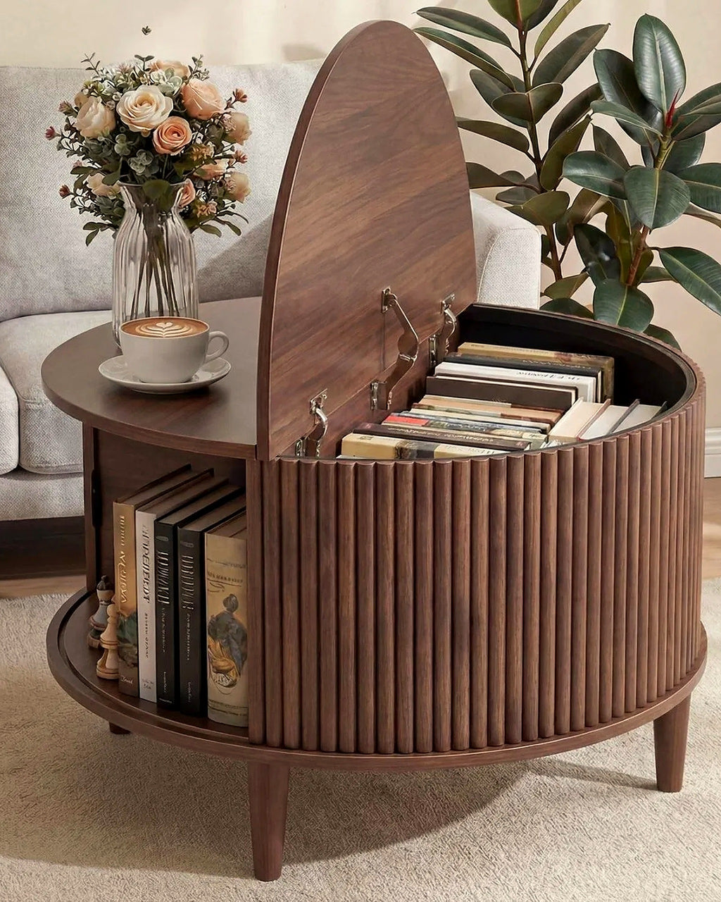 El ronde lift-top salontafel lamellen walnoot – in de woonkamer – Walnoot