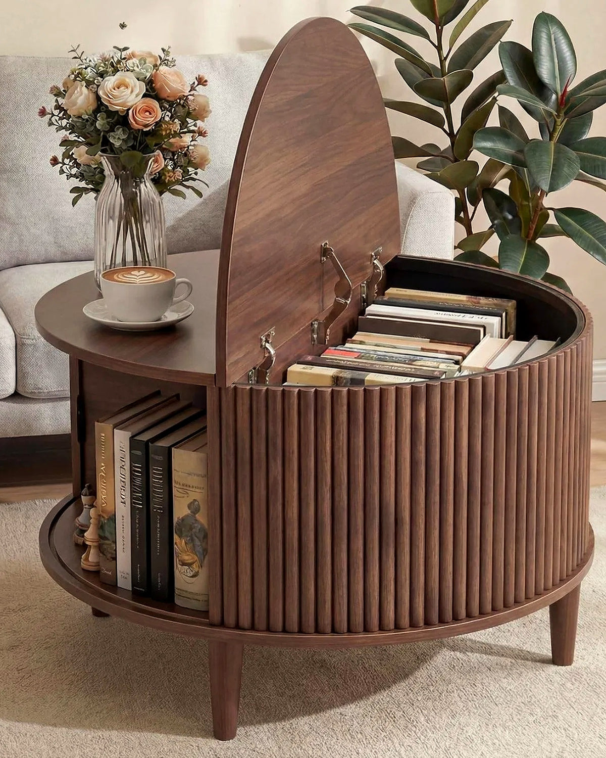 El ronde lift-top salontafel lamellen walnoot – in de woonkamer – Walnoot