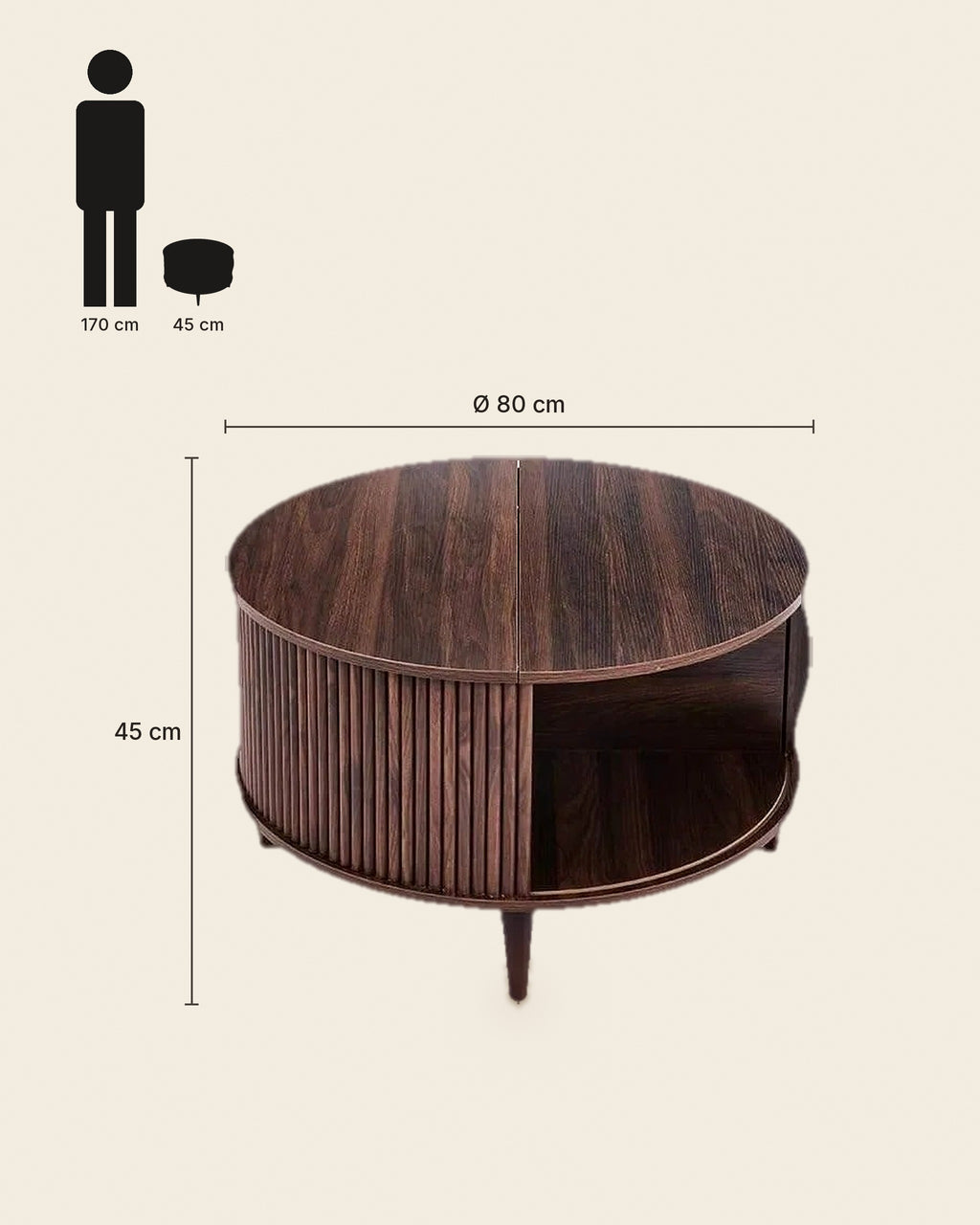 El ronde lift-top salontafel lamellen walnoot – maten – Walnoot