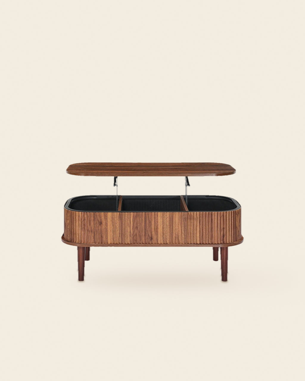El ovale lift-top salontafel walnoot – vooraanzicht – Walnoot