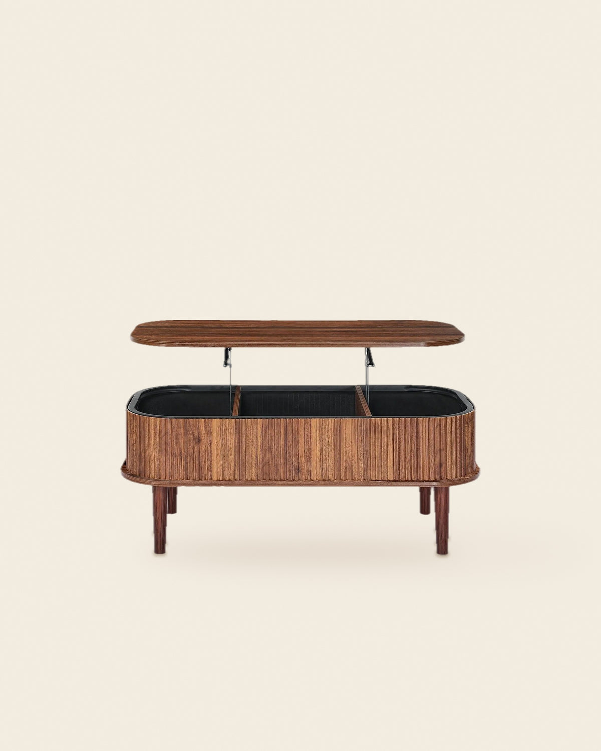 El ovale lift-top salontafel walnoot – vooraanzicht – Walnoot