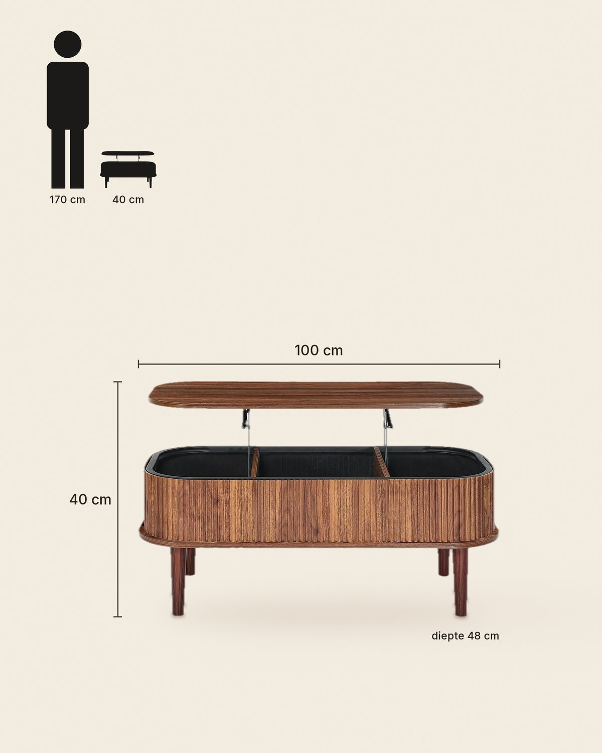El ovale lift-top salontafel walnoot – maten – Walnoot