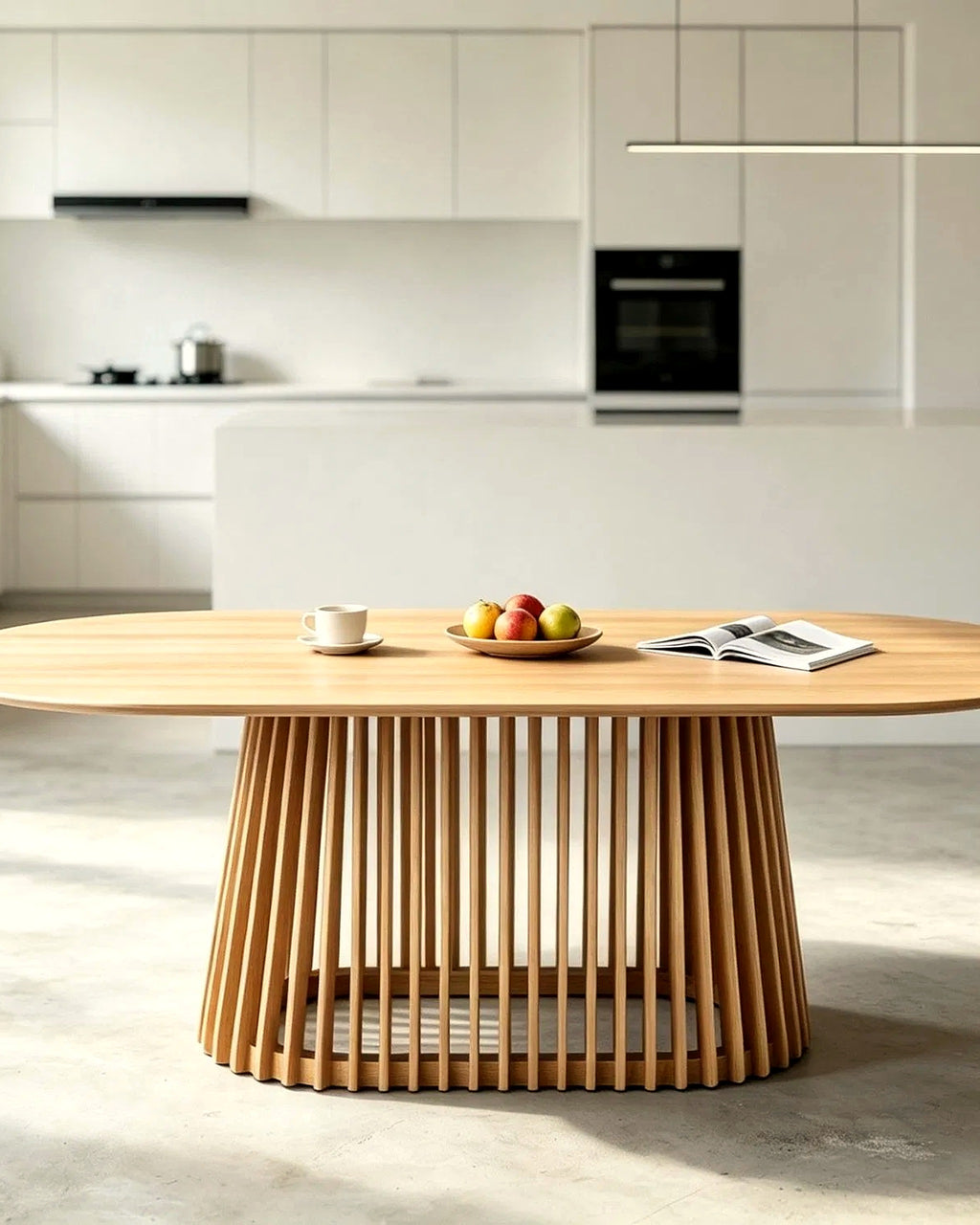 El ovale eettafel lamellenvoet 200 cm – in het interieur – Licht eiken