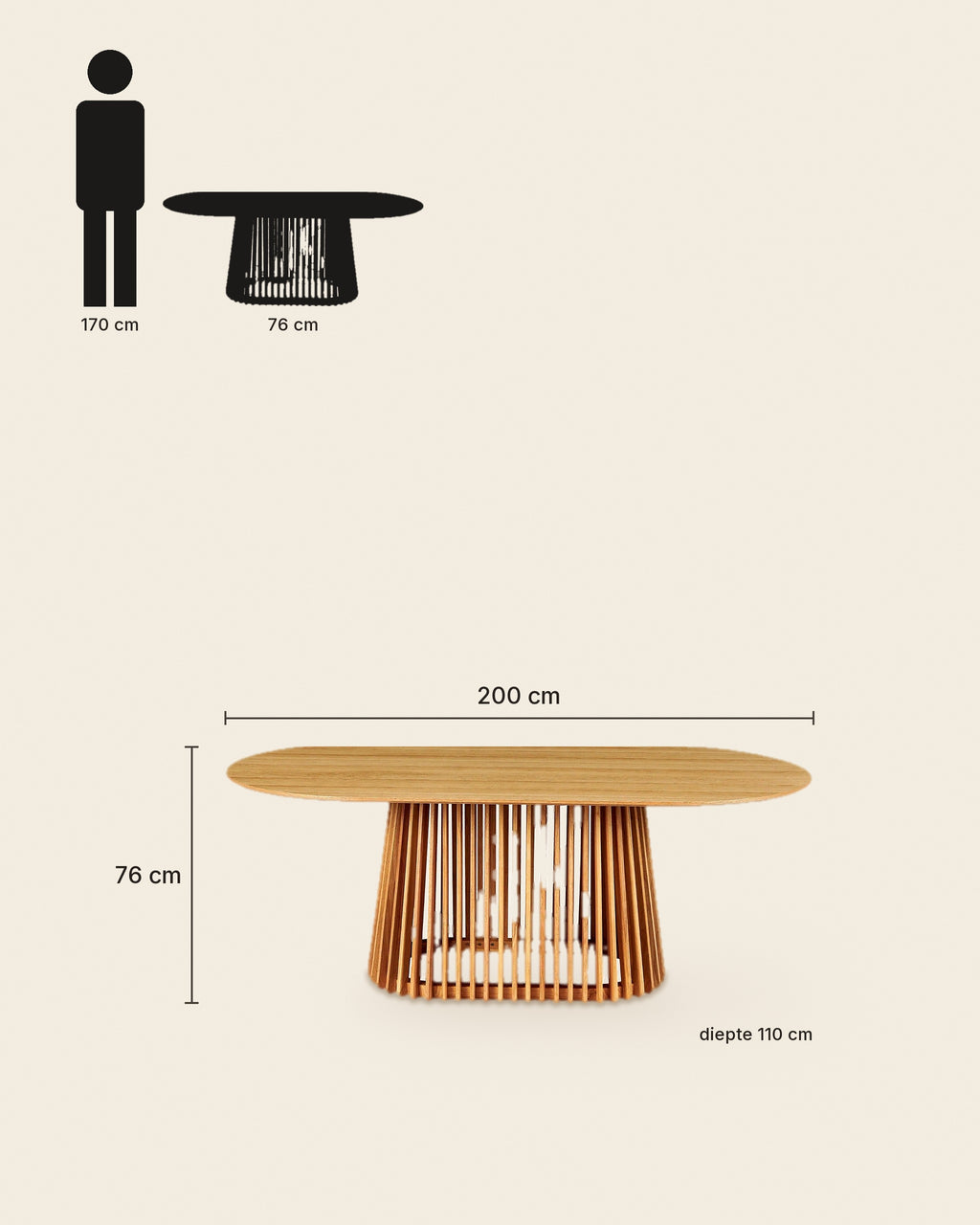 El ovale eettafel lamellenvoet 200 cm – maten – Licht eiken