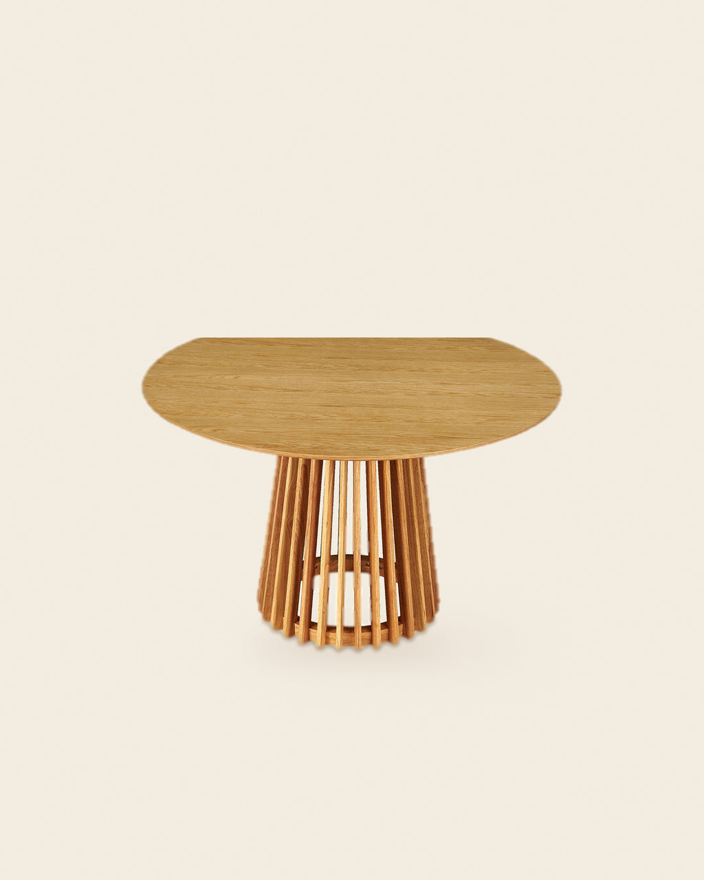 El ronde eettafel lamellenvoet Ø120 – vooraanzicht – Licht eiken