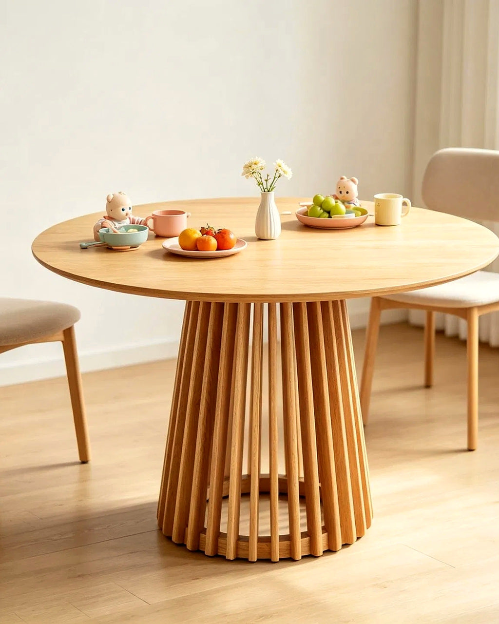 El ronde eettafel lamellenvoet Ø120 – in de woonkamer – Licht eiken