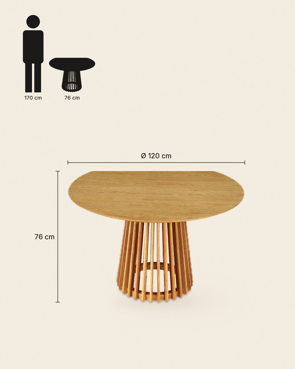 El ronde eettafel lamellenvoet Ø120 – maten – Licht eiken