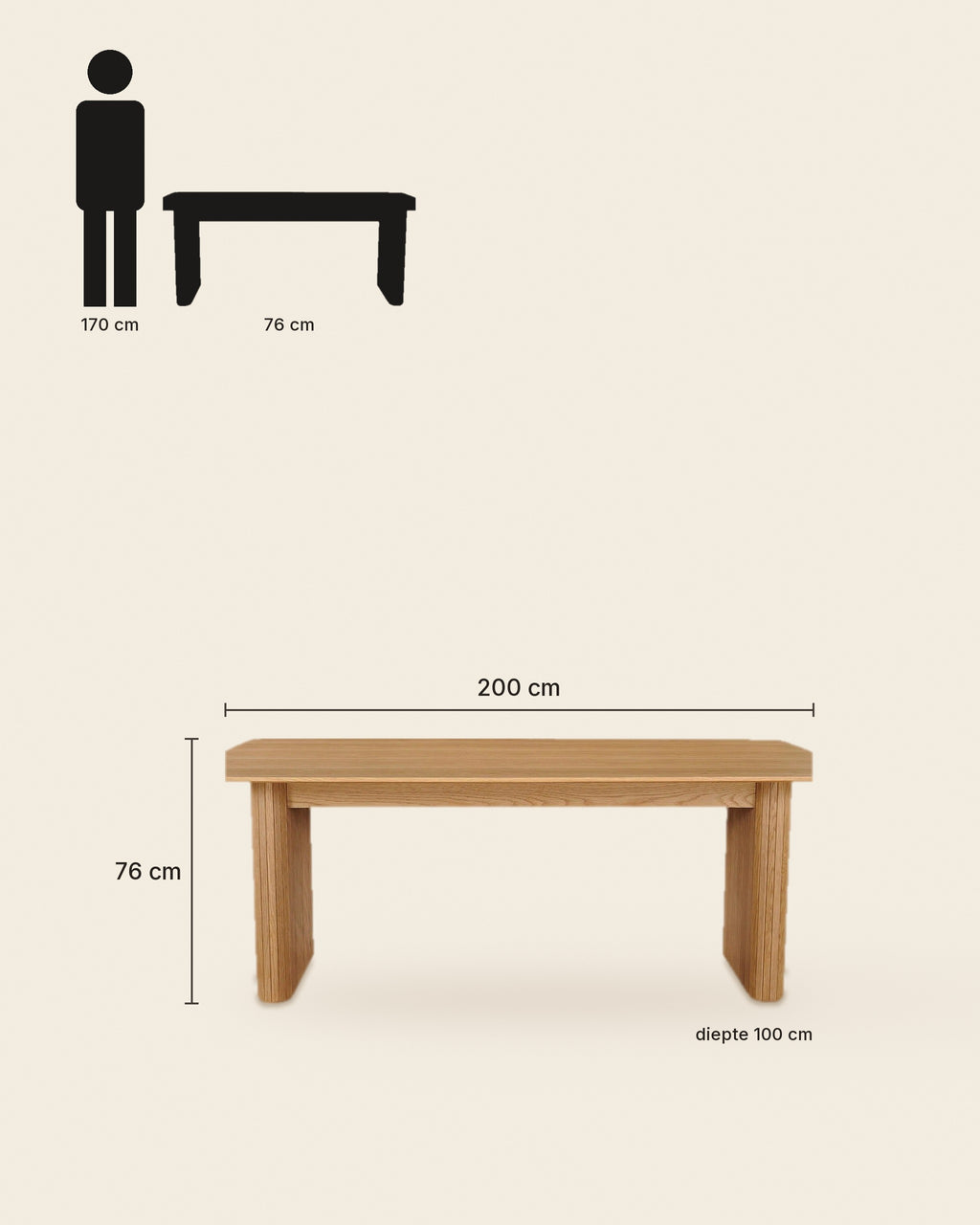 El eettafel paneelpoten 200 cm – maten – Licht eiken
