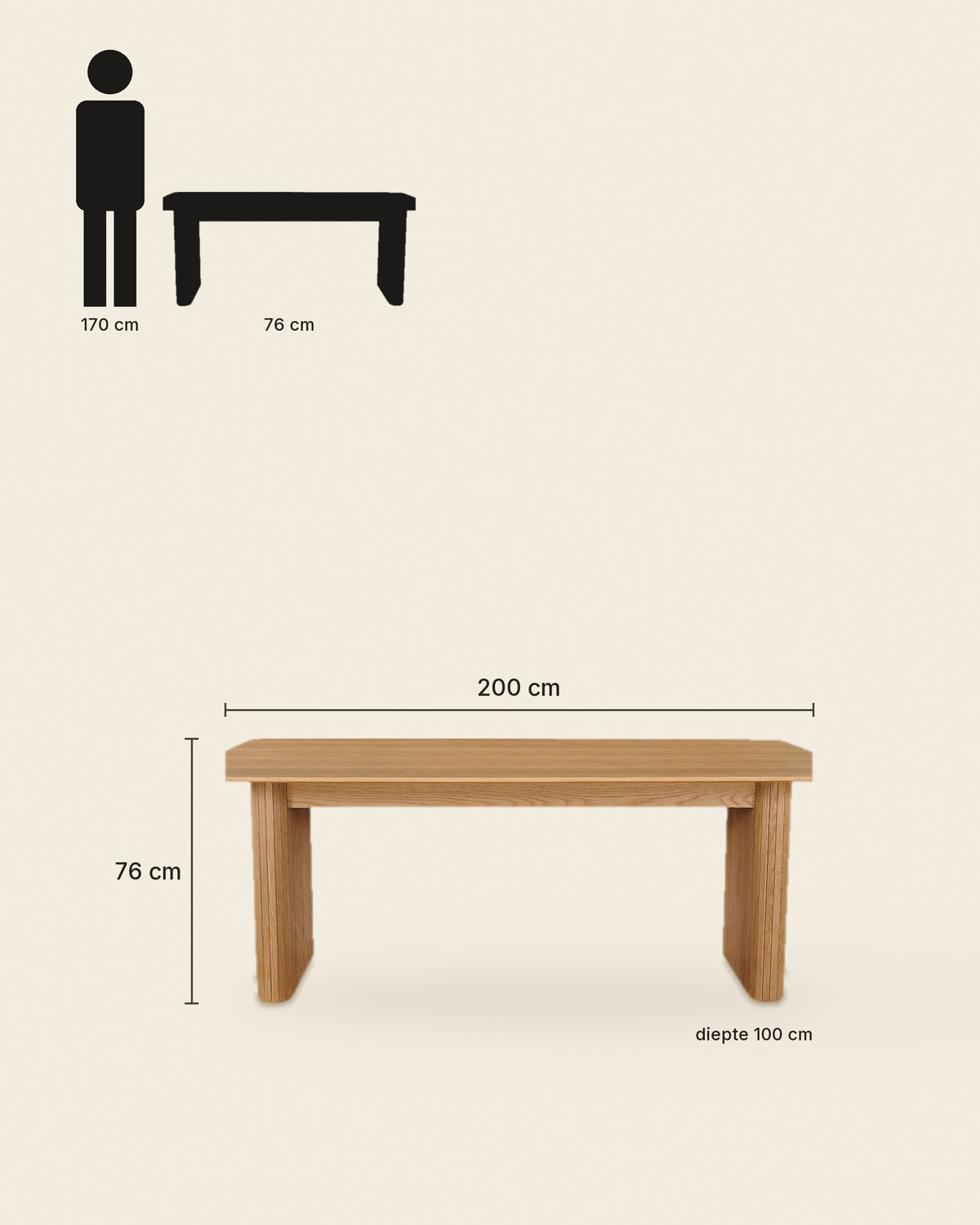 El eettafel paneelpoten 200 cm – maten – Licht eiken