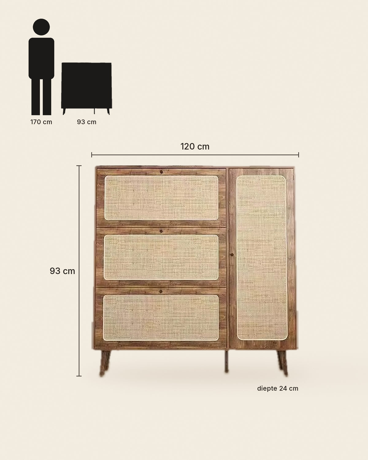 Voet schoenenkast rotan met klepladen – maten – Walnoot