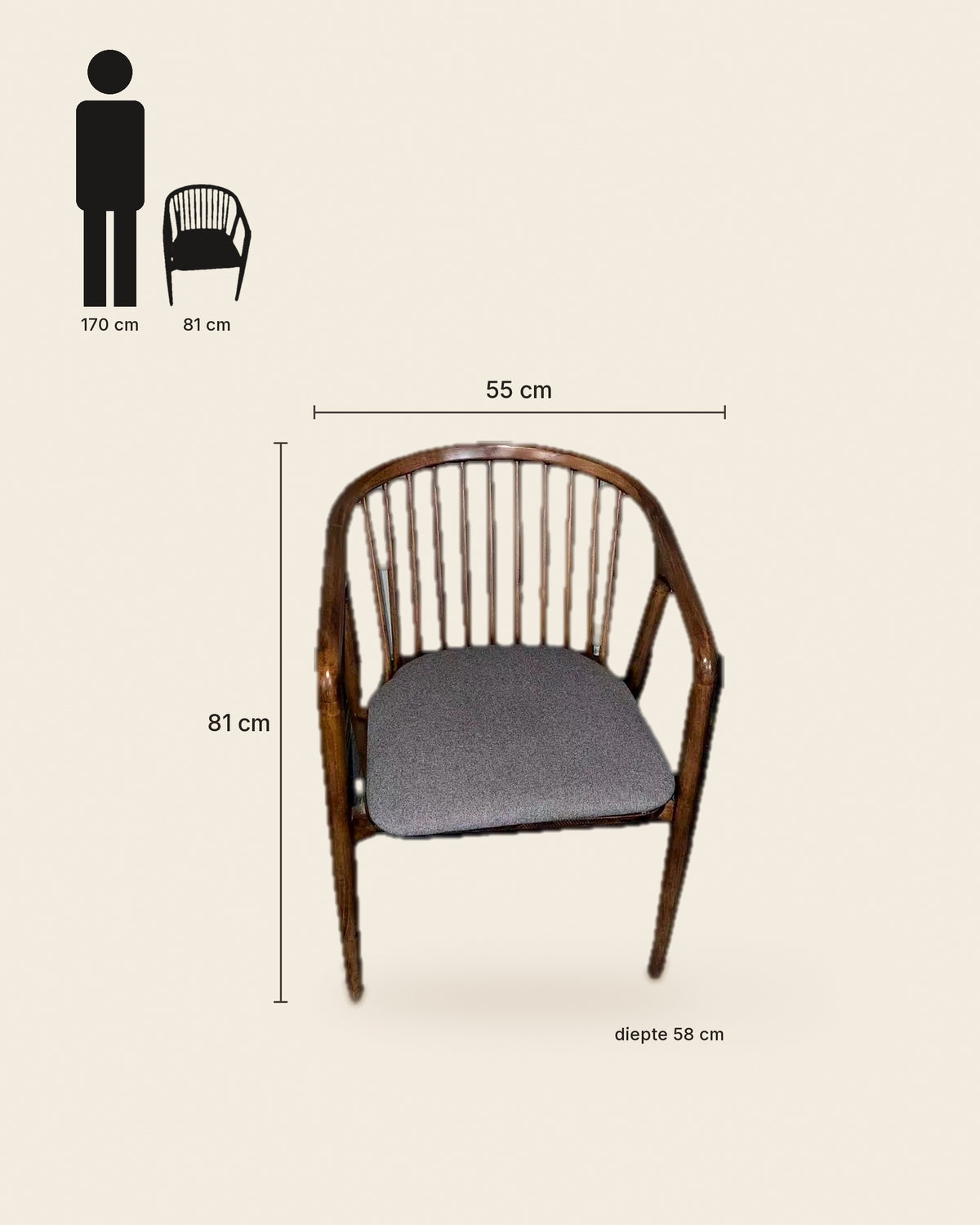 El armstoel spijlenrug walnoot – maten – Walnoot