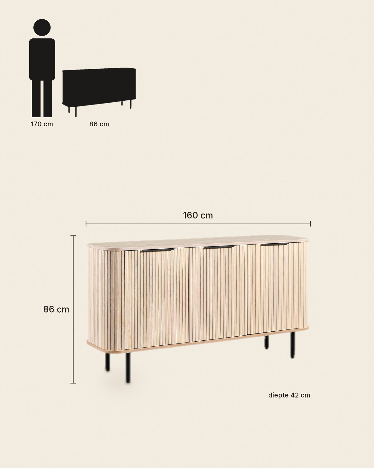 Dressoir met lamellen en 3 deuren 160 cm – maten – Licht eiken