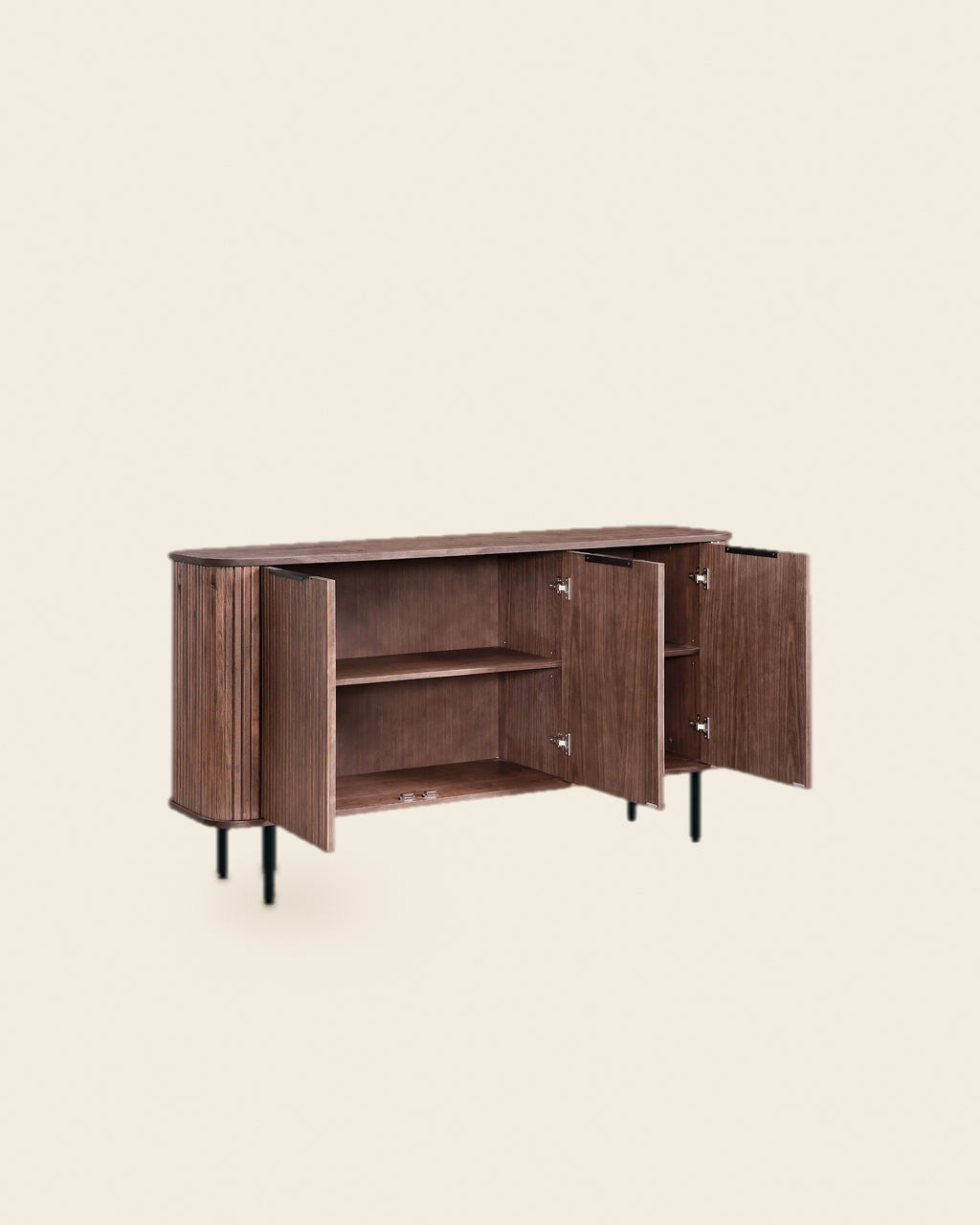 Dressoir met lamellen en 3 deuren 160 cm – schuin vooraanzicht – Walnoot