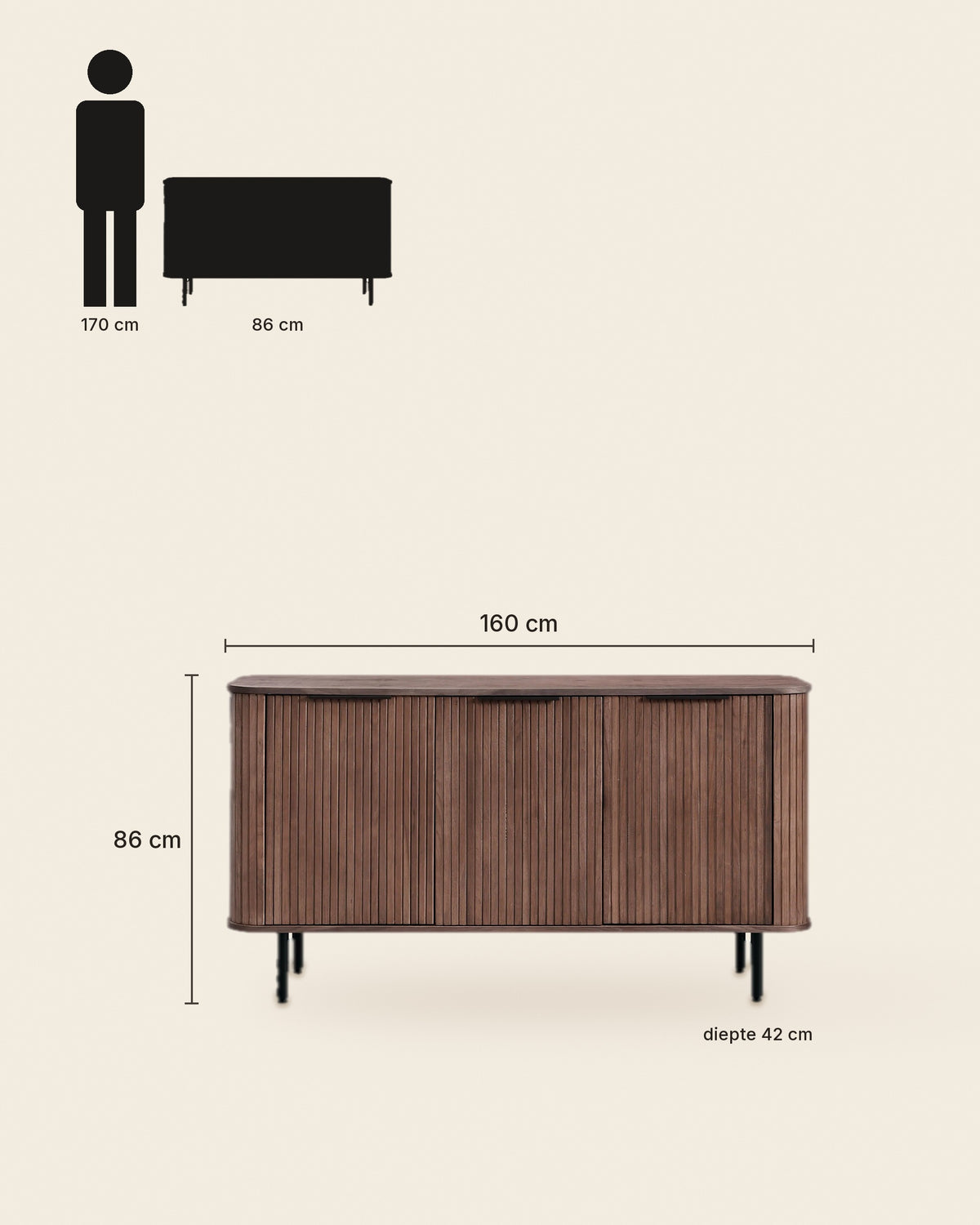 Dressoir met lamellen en 3 deuren 160 cm – maten – Walnoot