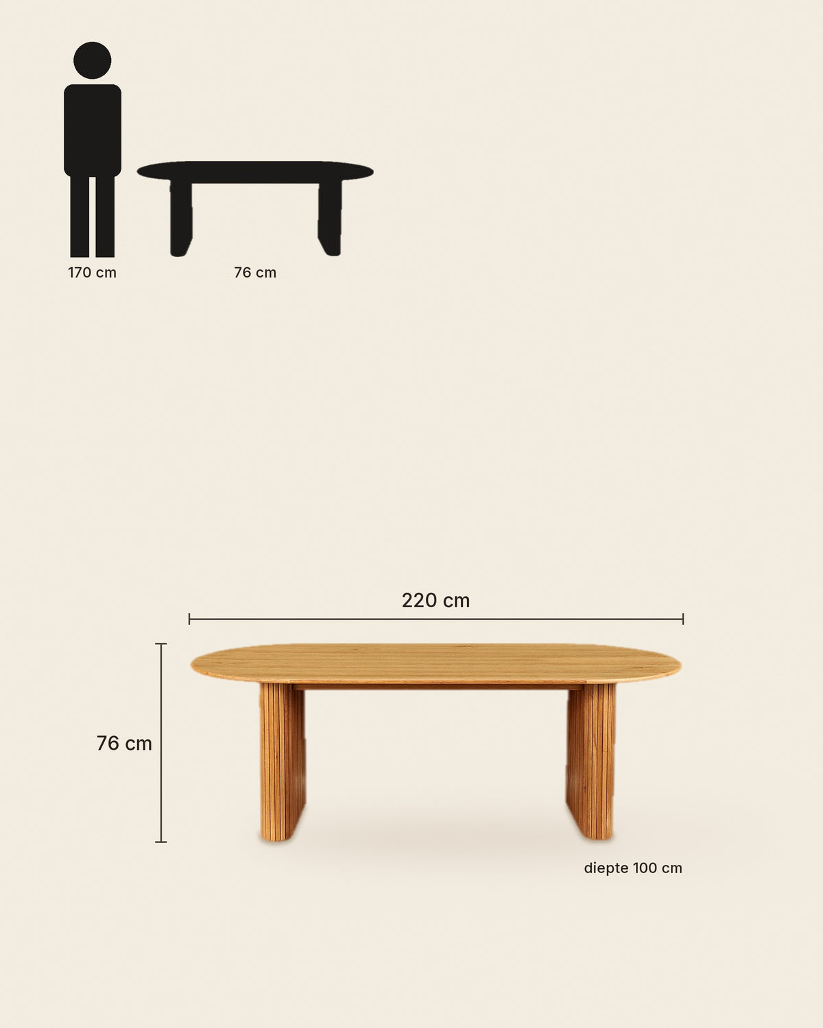 Ovale eettafel met lamellenpoten 220 cm – maten – Licht eiken
