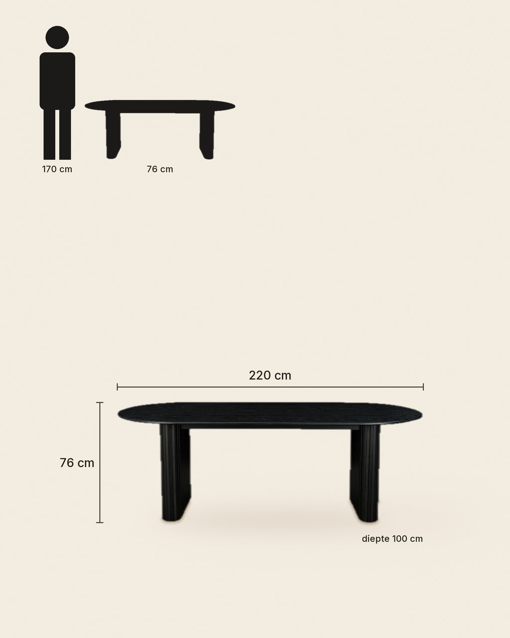 Ovale eettafel met lamellenpoten 220 cm – maten – Zwart