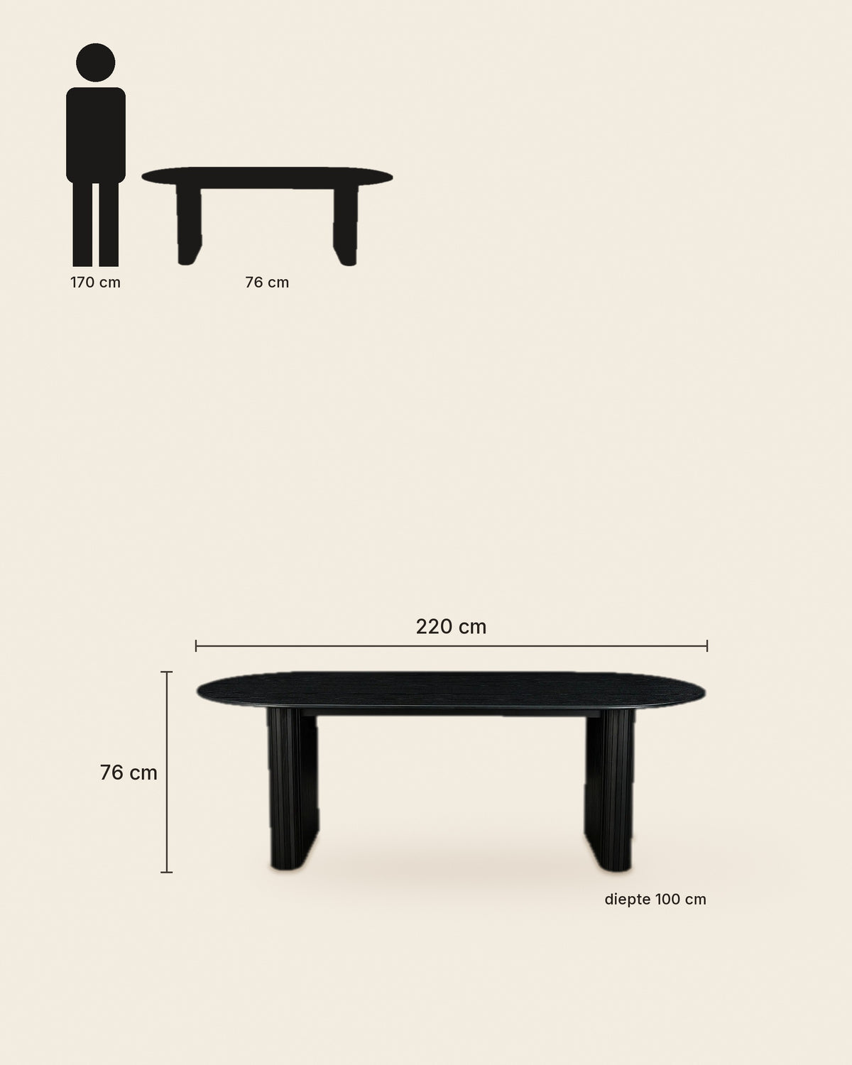 Ovale eettafel met lamellenpoten 220 cm – maten – Zwart