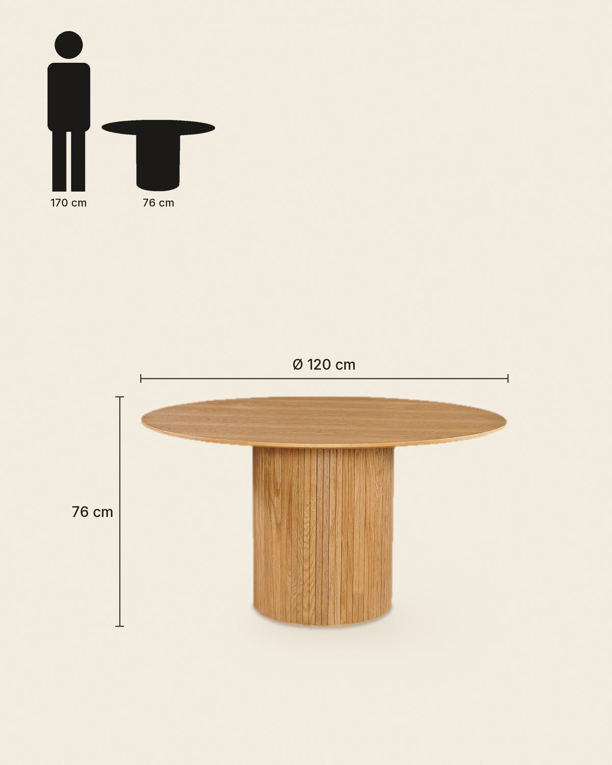 Ronde eettafel met cilindervoet Ø120 – maten – Licht eiken