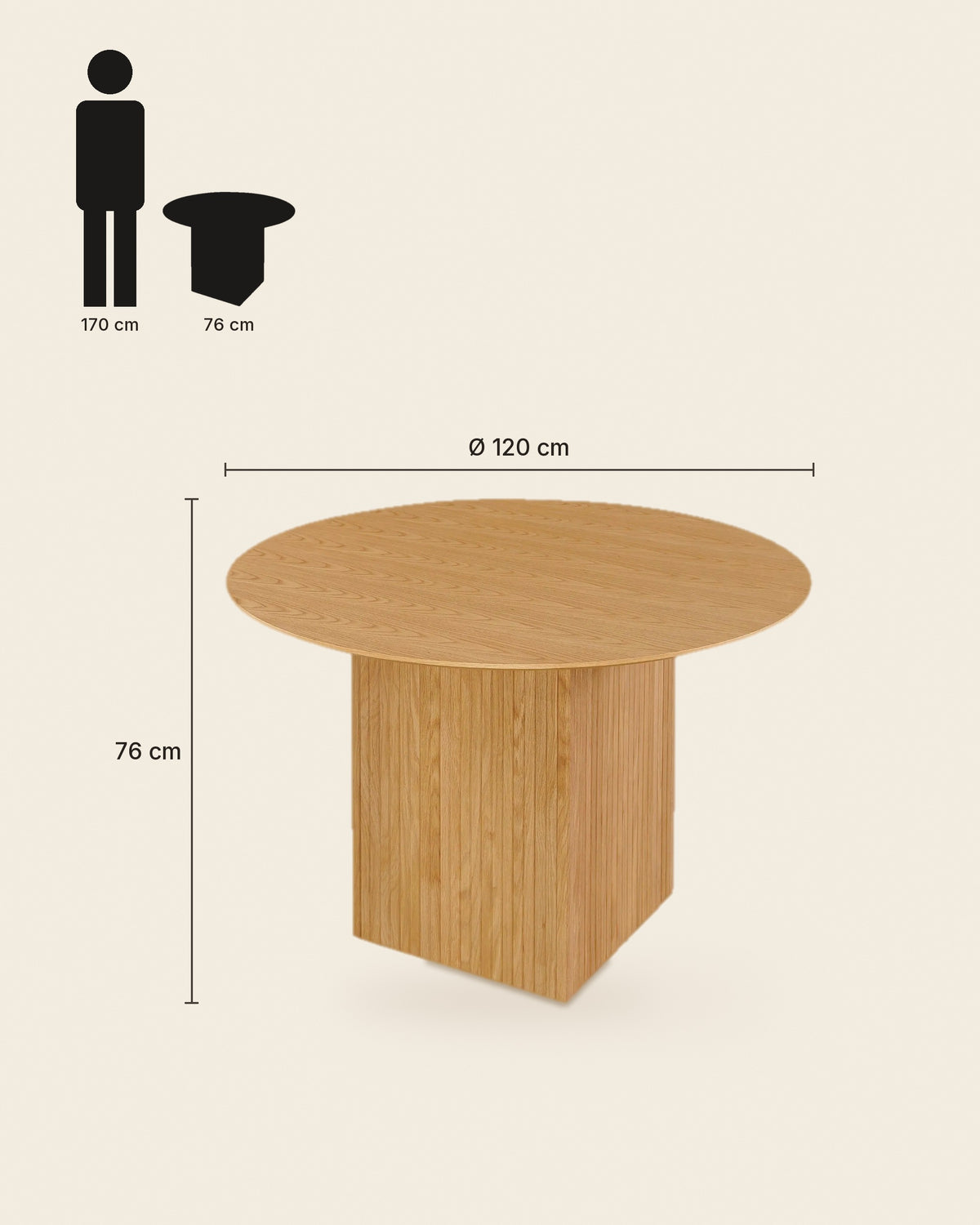 Ronde eettafel met kubusvoet Ø120 – maten – Licht eiken