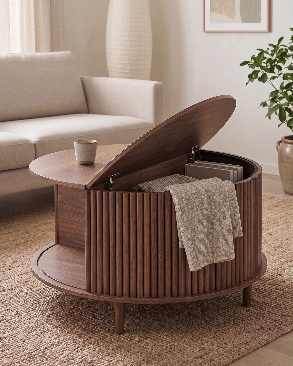 Luncera salontafel walnoot rond met opklapblad, in gebruik in het interieur
