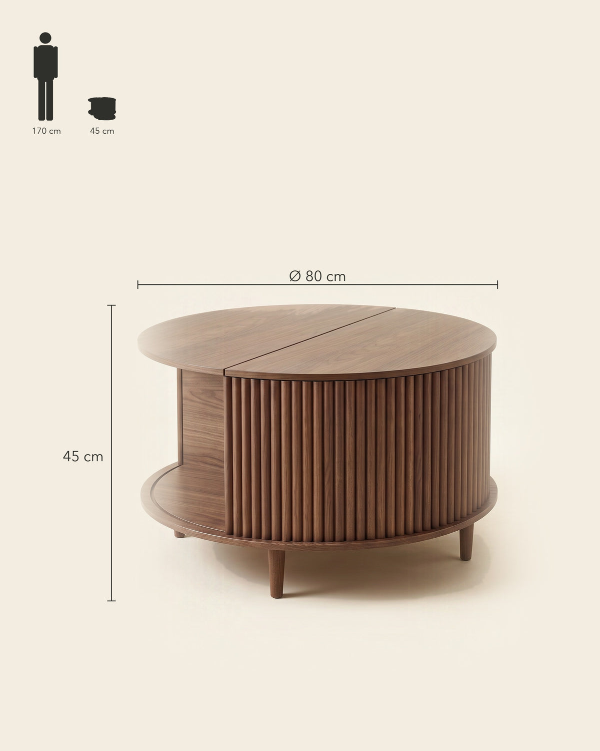 Luncera salontafel walnoot rond met opklapblad, maatvoering Ø 80 × 45 cm