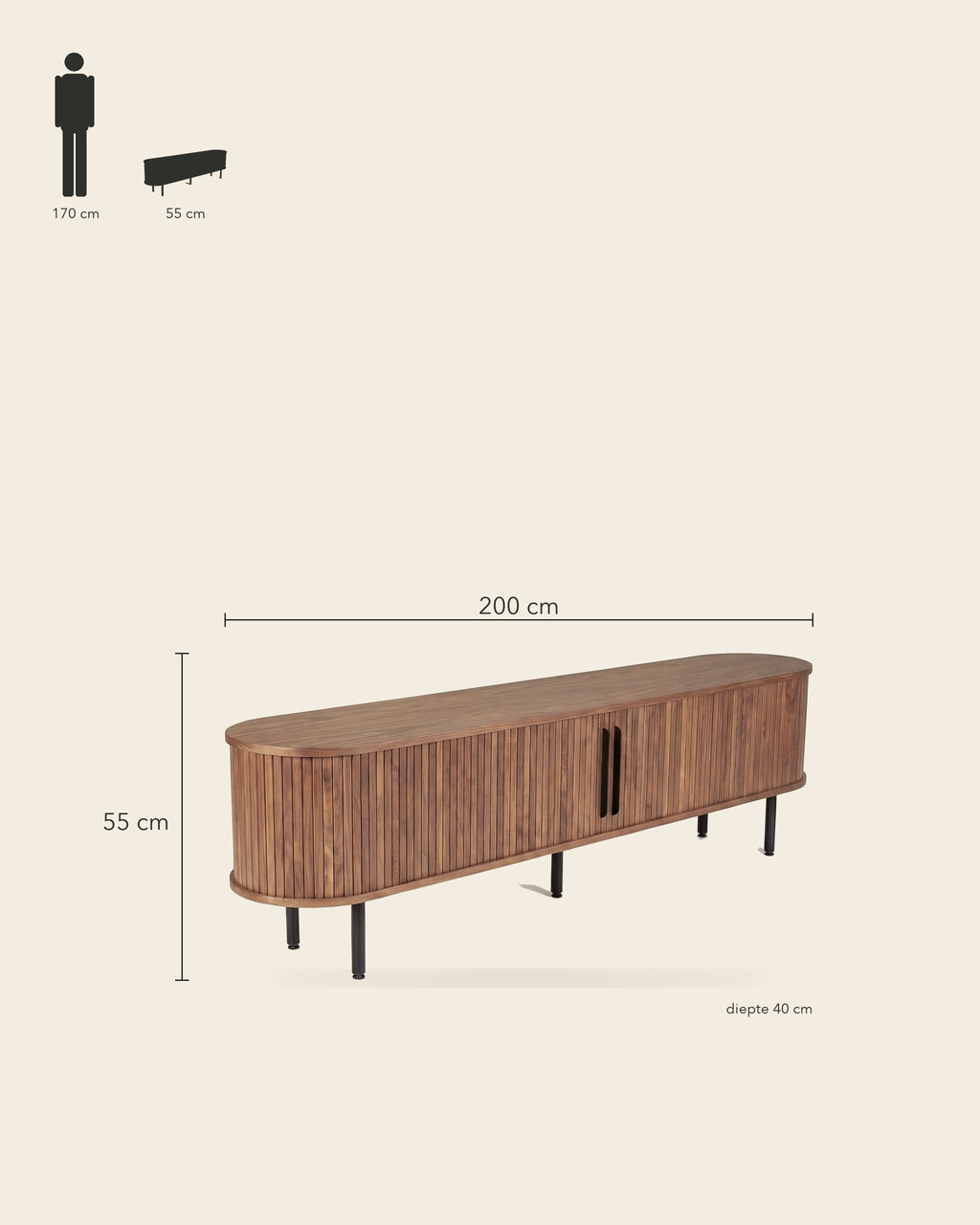 Luncera tv-meubel ovaal met lamellen 200 cm in walnoot, maatvoering 200 × 40 × 55 cm
