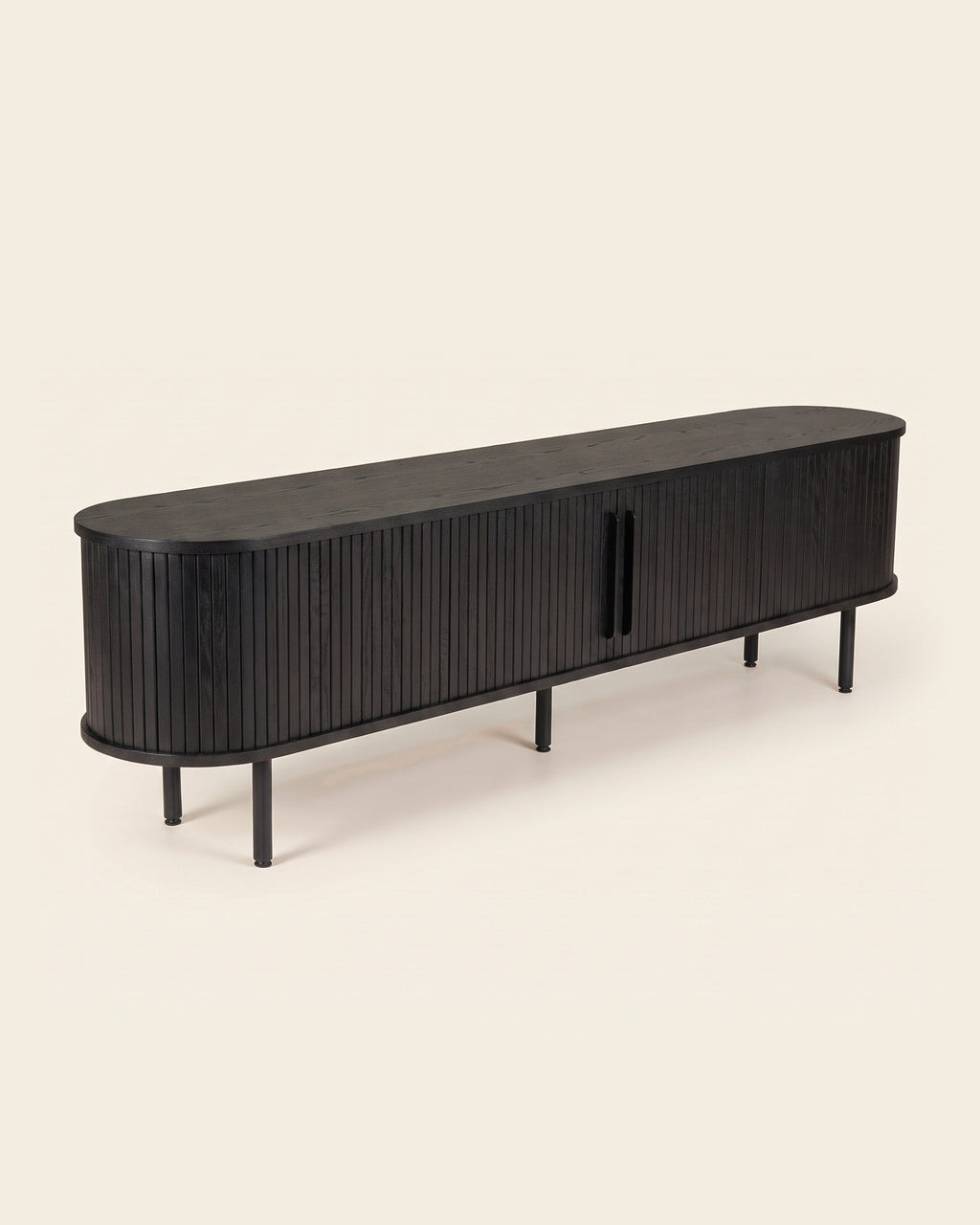 Luncera tv-meubel ovaal met lamellen 200 cm in zwart, productfoto op crème achtergrond