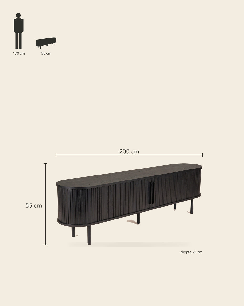 Luncera tv-meubel ovaal met lamellen 200 cm in zwart, maatvoering 200 × 40 × 55 cm